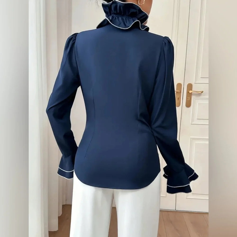 Midnight Blue Ruffle Blouse Size L - Picture 5 of 5